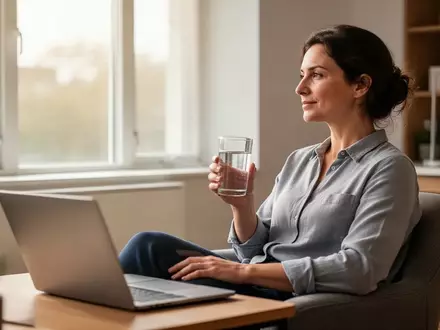 Eine Person macht in einem hellen Homeoffice eine bewusste Pause zur Erholung und Selbstfürsorge. - Foto: über boerse-global.de
