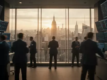 Blick auf einen modernen Handelsraum mit verschwommenen Personen vor einer Skyline bei Sonnenuntergang. - Foto: über boerse-global.de