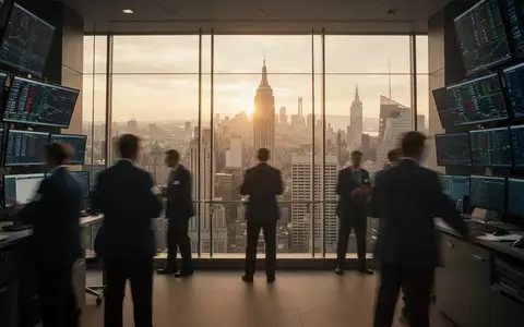 Blick auf einen modernen Handelsraum mit verschwommenen Personen vor einer Skyline bei Sonnenuntergang. - Foto: über boerse-global.de