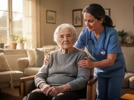 Eine pflegende Person unterstützt einen älteren Menschen in einer häuslichen Umgebung. - Foto: über boerse-global.de