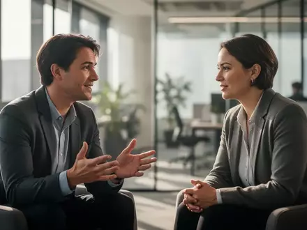 Zwei Kollegen im Gespräch in einem modernen, sonnendurchfluteten Büro, die sich auf menschliche Interaktion konzentrieren. - Foto: über boerse-global.de