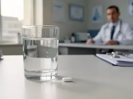 Eine einzelne weiße Tablette neben einem Glas Wasser auf einem medizinischen Untersuchungstisch. - Foto: über boerse-global.de