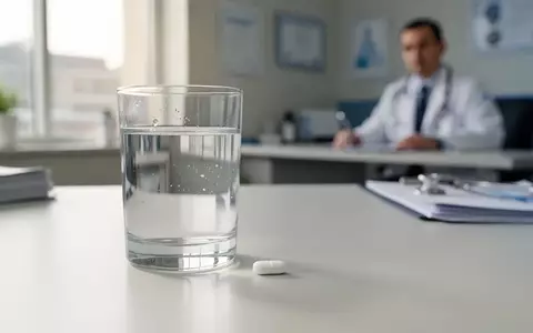 Eine einzelne weiße Tablette neben einem Glas Wasser auf einem medizinischen Untersuchungstisch. - Foto: über boerse-global.de