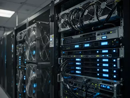 Moderne Server-Infrastruktur in einem Rechenzentrum mit blauer Beleuchtung. - Foto: über boerse-global.de