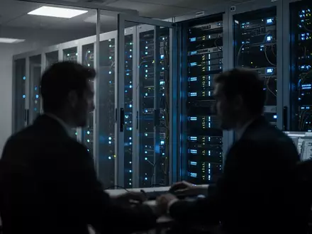 Ein dunkler Serverraum mit leuchtenden blauen Statusanzeigen und der schemenhaften Silhouette eines IT-Sicherheitsexperten. - Foto: über boerse-global.de