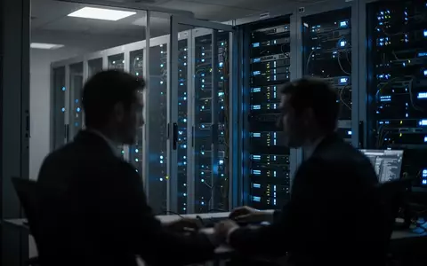Ein dunkler Serverraum mit leuchtenden blauen Statusanzeigen und der schemenhaften Silhouette eines IT-Sicherheitsexperten. - Foto: über boerse-global.de