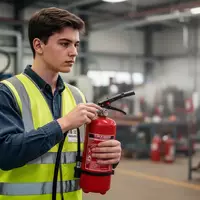 Ein Auszubildender in Warnweste bei einer Brandschutzunterweisung in einer modernen Werkstatt. - Foto: über boerse-global.de