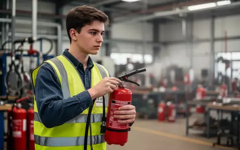 Ein Auszubildender in Warnweste bei einer Brandschutzunterweisung in einer modernen Werkstatt. - Foto: über boerse-global.de