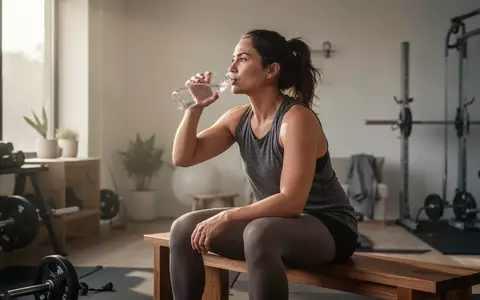 Eine sportliche Person ruht sich in einem minimalistischen Fitnessraum auf einer Holzbank aus und trinkt Wasser. - Foto: über boerse-global.de