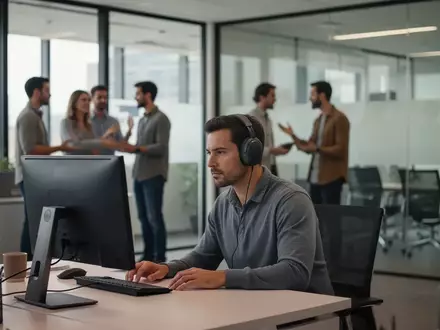Ein konzentrierter Büroangestellter mit Kopfhörern an einem Schreibtisch in einem belebten Großraumbüro. - Foto: über boerse-global.de