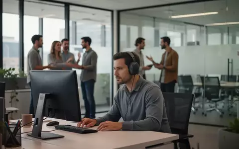 Ein konzentrierter Büroangestellter mit Kopfhörern an einem Schreibtisch in einem belebten Großraumbüro. - Foto: über boerse-global.de