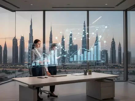 Ein Mitarbeiter in einem modernen Büro in Dubai arbeitet mit einer holografischen Datenvisualisierung zur Produktivitätsmessung. - Foto: über boerse-global.de