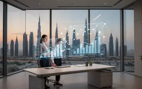 Ein Mitarbeiter in einem modernen Büro in Dubai arbeitet mit einer holografischen Datenvisualisierung zur Produktivitätsmessung. - Foto: über boerse-global.de