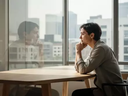 Eine nachdenkliche Person sitzt an einem Schreibtisch und blickt aus einem Fenster, während sie über die Auswirkungen von Technologie nachdenkt. - Foto: über boerse-global.de