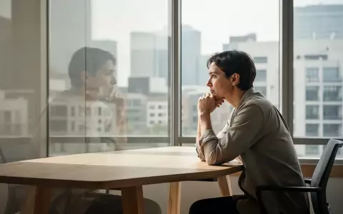 Eine nachdenkliche Person sitzt an einem Schreibtisch und blickt aus einem Fenster, während sie über die Auswirkungen von Technologie nachdenkt. - Foto: über boerse-global.de