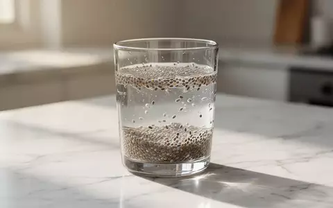 Ein Glas mit in Wasser eingeweichten Chiasamen auf einer hellen Marmoroberfläche bei natürlichem Licht. - Foto: über boerse-global.de