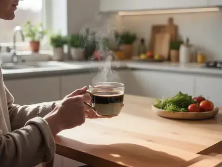 Eine Person hält eine dampfende Tasse Kaffee in einer hellen, modernen Küche. - Foto: über boerse-global.de