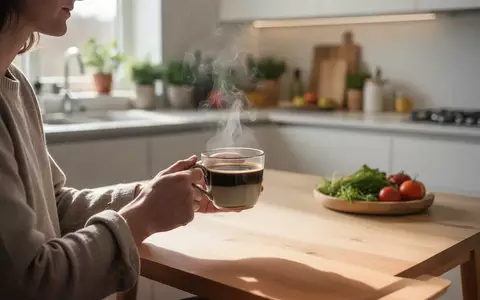Eine Person hält eine dampfende Tasse Kaffee in einer hellen, modernen Küche. - Foto: über boerse-global.de