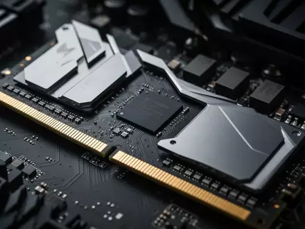 Nahaufnahme eines modernen DDR5-Arbeitsspeichermoduls auf einem Computer-Mainboard in professioneller Studiobeleuchtung. - Foto: über boerse-global.de