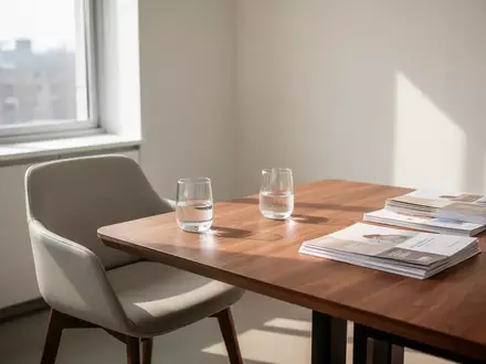 Ein heller, ruhiger Beratungsraum mit einem leeren Stuhl, einem Glas Wasser und Informationsbroschüren auf einem Tisch. - Foto: über boerse-global.de