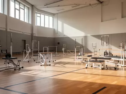Leere Sporthalle mit speziellen Therapiegeräten für Kinder, helles Tageslicht durch hohe Fenster. - Foto: über boerse-global.de