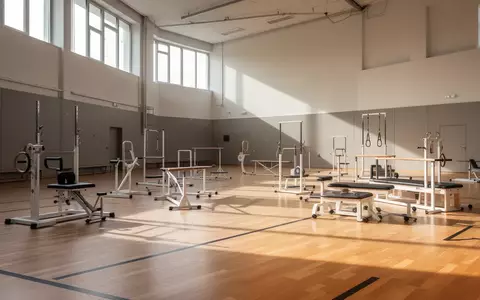 Leere Sporthalle mit speziellen Therapiegeräten für Kinder, helles Tageslicht durch hohe Fenster. - Foto: über boerse-global.de