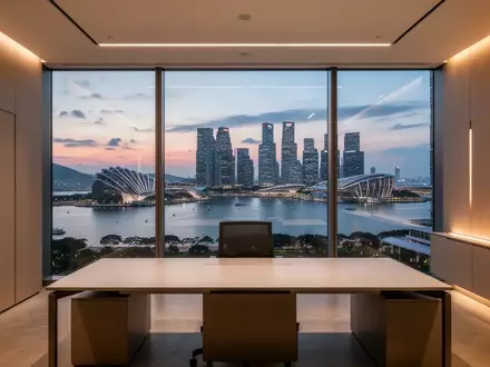 Modernes Bürogebäude in Singapur mit Blick auf die Skyline bei Dämmerung. - Foto: über boerse-global.de