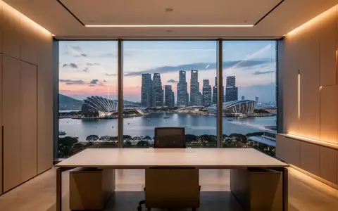 Modernes Bürogebäude in Singapur mit Blick auf die Skyline bei Dämmerung. - Foto: über boerse-global.de