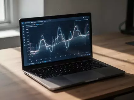 Ein moderner, minimalistischer Arbeitsplatz mit einem Laptop, auf dessen Bildschirm abstrakte digitale Grafiken zu sehen sind. - Foto: über boerse-global.de