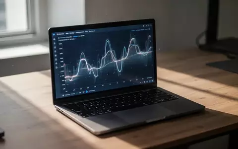 Ein moderner, minimalistischer Arbeitsplatz mit einem Laptop, auf dessen Bildschirm abstrakte digitale Grafiken zu sehen sind. - Foto: über boerse-global.de