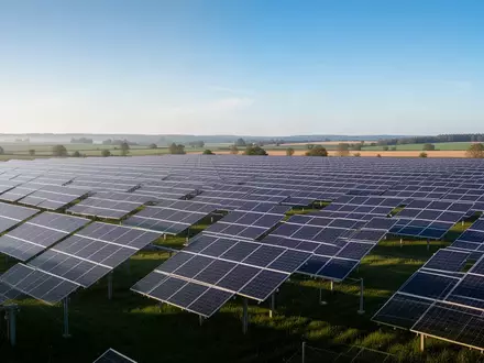Große Photovoltaikanlage in einer ländlichen Umgebung unter blauem Himmel. - Foto: über boerse-global.de
