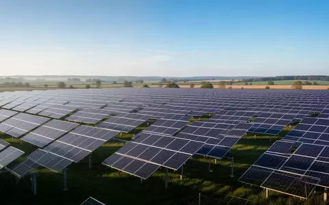 Große Photovoltaikanlage in einer ländlichen Umgebung unter blauem Himmel. - Foto: über boerse-global.de