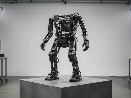 Ein modernes, leichtes Exoskelett auf einem industriellen Stativ in einer hellen Werkstattumgebung. - Foto: über boerse-global.de