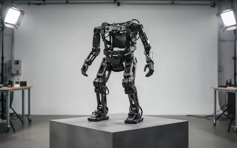 Ein modernes, leichtes Exoskelett auf einem industriellen Stativ in einer hellen Werkstattumgebung. - Foto: über boerse-global.de