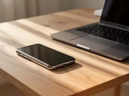 Ein minimalistischer Schreibtisch mit einem modernen Smartphone und einem Laptop in weichem Tageslicht. - Foto: über boerse-global.de