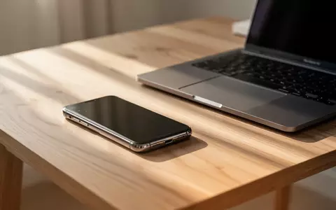 Ein minimalistischer Schreibtisch mit einem modernen Smartphone und einem Laptop in weichem Tageslicht. - Foto: über boerse-global.de