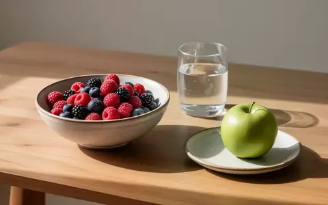 Frische Beeren und ein grüner Apfel auf einem minimalistischen Holztisch als Symbol für eine gesunde Ernährung. - Foto: über boerse-global.de