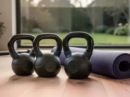 Ein minimalistisch eingerichteter Fitnessbereich mit Kettlebells und einer Yogamatte in hellem, natürlichem Tageslicht. - Foto: über boerse-global.de