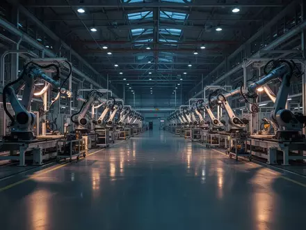 Leere, moderne Automobil-Fertigungshalle mit stillstehenden Industrierobotern in einer düsteren, industriellen Atmosphäre. - Foto: über boerse-global.de