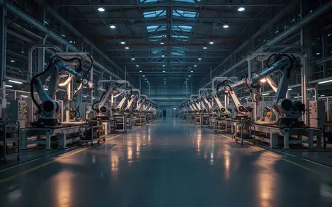 Leere, moderne Automobil-Fertigungshalle mit stillstehenden Industrierobotern in einer düsteren, industriellen Atmosphäre. - Foto: über boerse-global.de