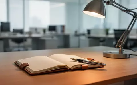 Ein aufgeräumter Schreibtisch mit einem Notizbuch und einem Füllfederhalter in einem modernen, hellen Büro. - Foto: über boerse-global.de