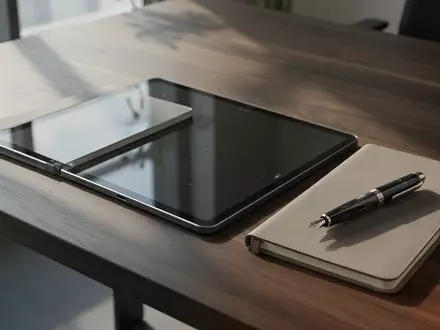 Ein minimalistischer Schreibtisch mit einem digitalen Tablet und einem Planer in einer modernen Büroumgebung. - Foto: über boerse-global.de