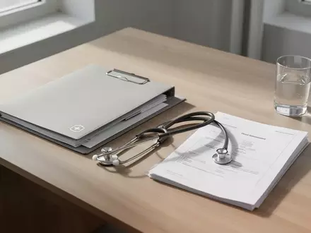 Ein Stethoskop und eine geschlossene Patientenakte auf einem schlichten Holztisch in einer Arztpraxis. - Foto: über boerse-global.de