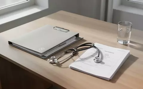 Ein Stethoskop und eine geschlossene Patientenakte auf einem schlichten Holztisch in einer Arztpraxis. - Foto: über boerse-global.de