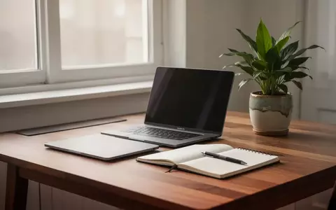 Ein aufgeräumter Schreibtisch mit einem zugeklappten Laptop, einem Notizbuch und einer Pflanze bei natürlichem Licht. - Foto: über boerse-global.de