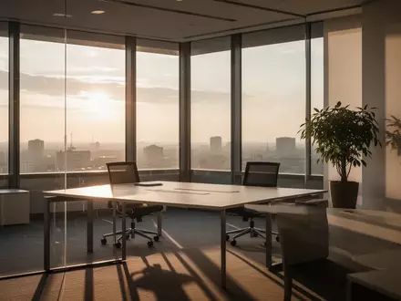 Ein minimalistischer, leerer Büroarbeitsplatz in den frühen Morgenstunden mit einfallendem Tageslicht. - Foto: über boerse-global.de