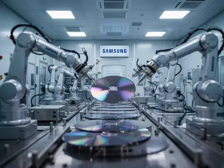 Ein moderner Reinraum in einer Halbleiterfertigungsanlage mit verschwommenen Roboterarmen und Silizium-Wafern. - Foto: über boerse-global.de