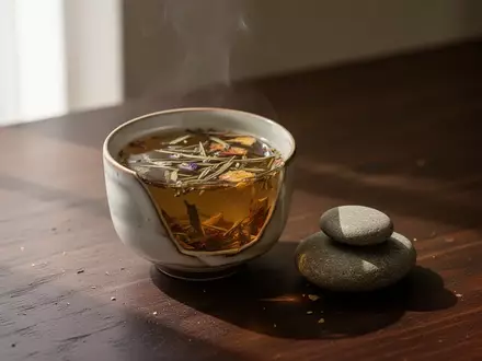 Eine Teetasse und ein glatter Stein auf einem Holztisch als Symbol für Ruhe und natürliche Rhythmen. - Foto: über boerse-global.de