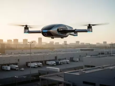 Eine moderne autonome Lieferdrohne schwebt über einem industriellen Logistikzentrum bei Sonnenuntergang. - Foto: über boerse-global.de