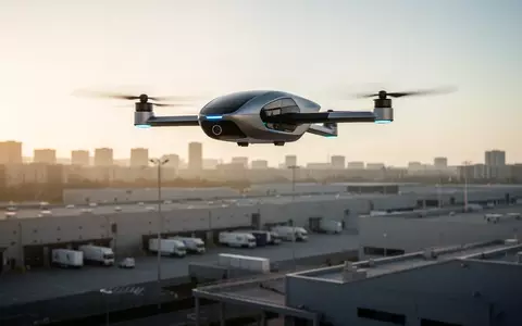 Eine moderne autonome Lieferdrohne schwebt über einem industriellen Logistikzentrum bei Sonnenuntergang. - Foto: über boerse-global.de
